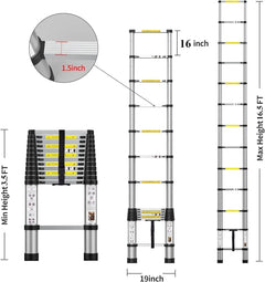 16.5FT Telescoping Ladder, Portable Aluminum Extension Ladder w/Stabilizers, Lightweight Compact Telescopic Ladder 330lbs Capaci